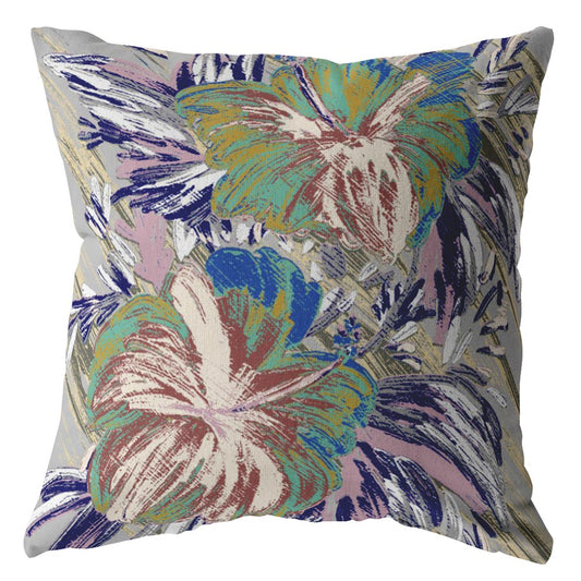 18” Lilac Green Hibiscus Indoor Outdoor Zippered Throw Pillow