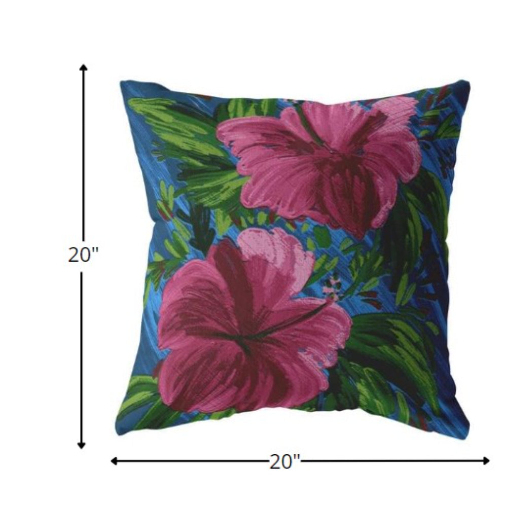 18” Pink Blue Hibiscus Indoor Outdoor Zippered Throw Pillow