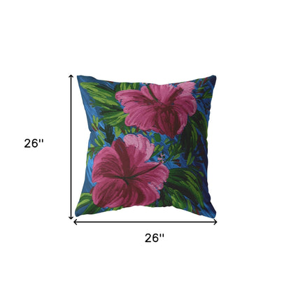 18” Pink Blue Hibiscus Indoor Outdoor Zippered Throw Pillow