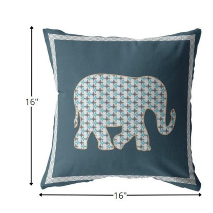 16” Spruce Blue Elephant Indoor Outdoor Zippered Throw Pillow