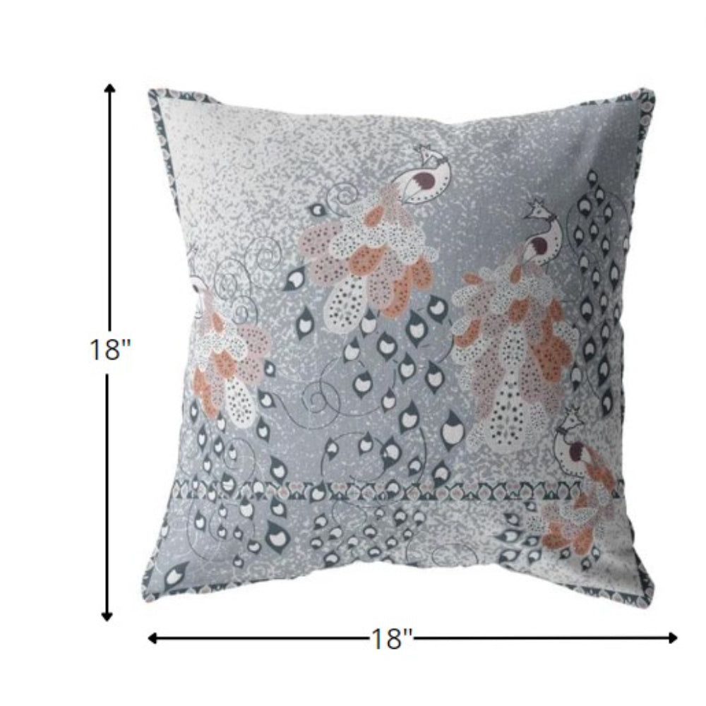 18” Gray Orange Boho Bird Indoor Outdoor Zippered Throw Pillow