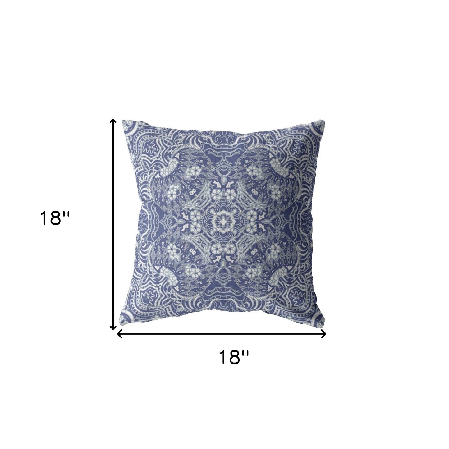 18” Indigo White Boho Ornate Indoor Outdoor Zippered Throw Pillow