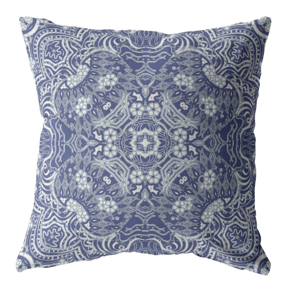 18” Indigo White Boho Ornate Indoor Outdoor Zippered Throw Pillow