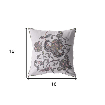 16” Gray White Wildflower Indoor Outdoor Zippered Throw Pillow