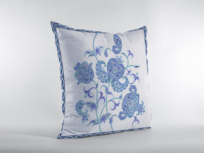 18” Blue White Wildflower Indoor Outdoor Zippered Throw Pillow