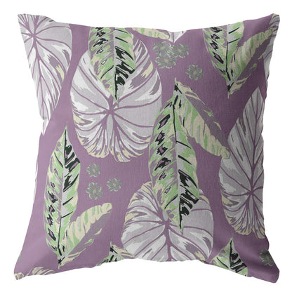 16” White Purple Tropical Leaf Indoor Outdoor Zippered Throw Pillow