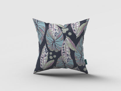 16” Blue Purple Tropical Leaf Indoor Outdoor Zippered Throw Pillow