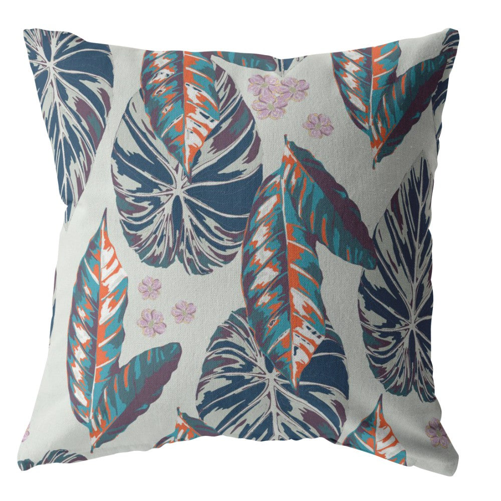 16” Blue Gray Tropical Leaf Indoor Outdoor Zippered Throw Pillow