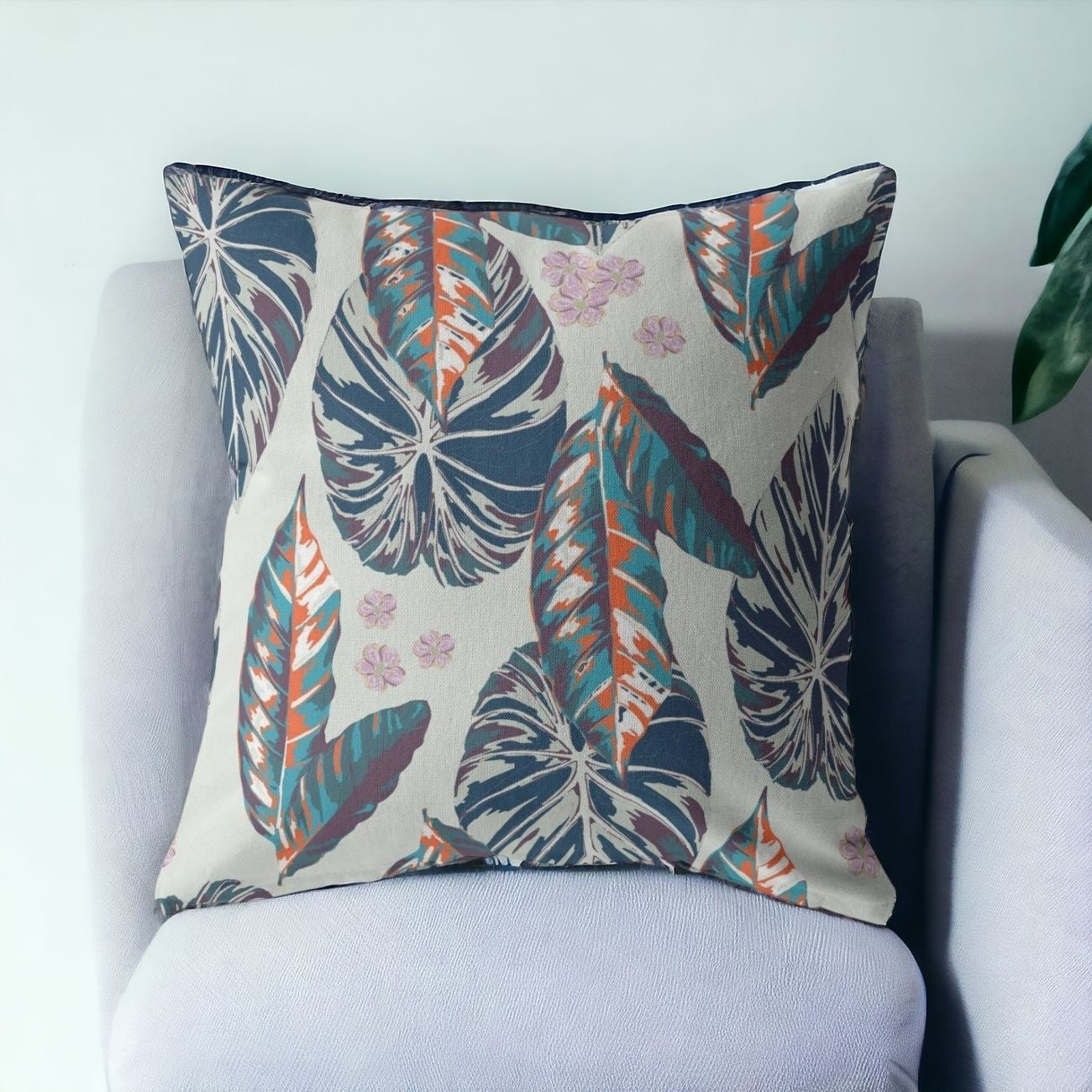 18” Blue Gray Tropical Leaf Indoor Outdoor Zippered Throw Pillow