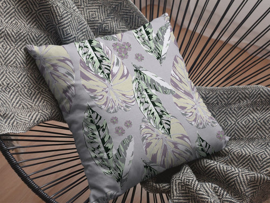 16” Blue Purple Tropical Leaf Indoor Outdoor Zippered Throw Pillow