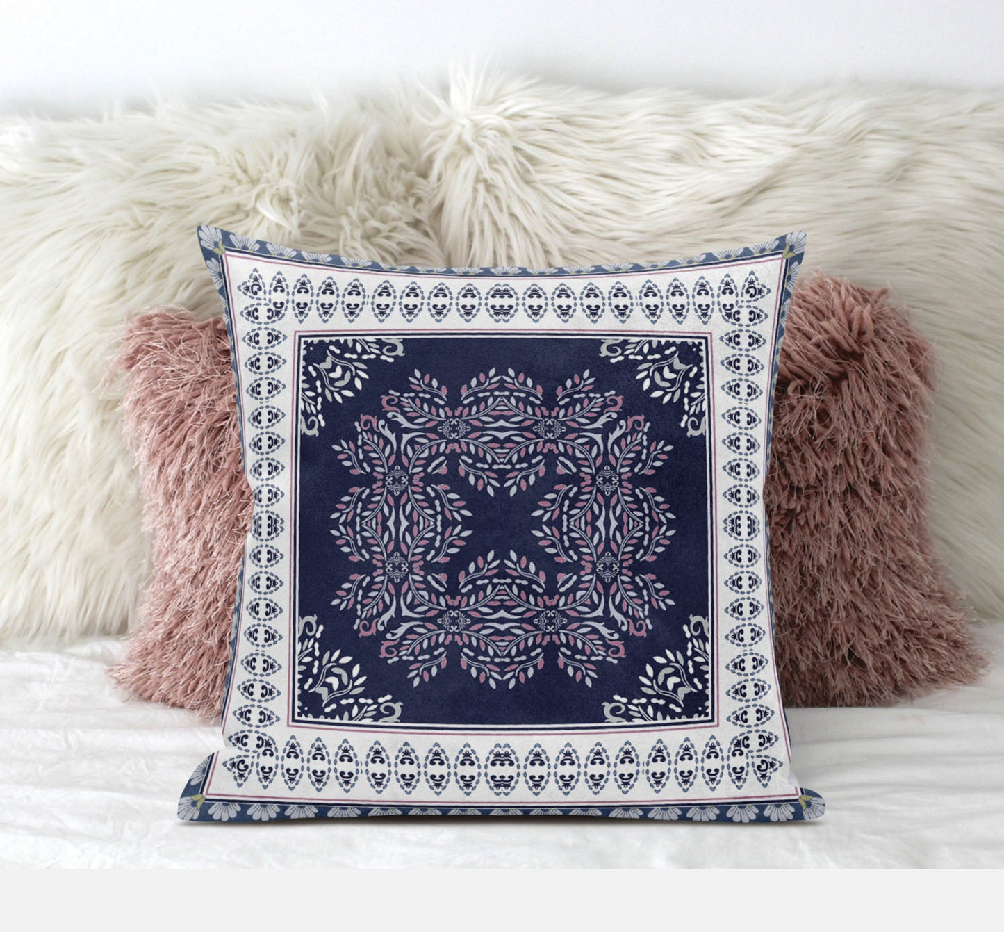 16" X 16" Blue And White Zippered Geometric Indoor Outdoor Throw Pillow