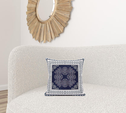 16" X 16" Blue And White Zippered Geometric Indoor Outdoor Throw Pillow