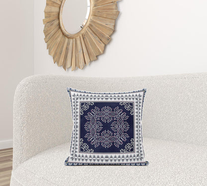 18" X 18" Blue And White Zippered Geometric Indoor Outdoor Throw Pillow