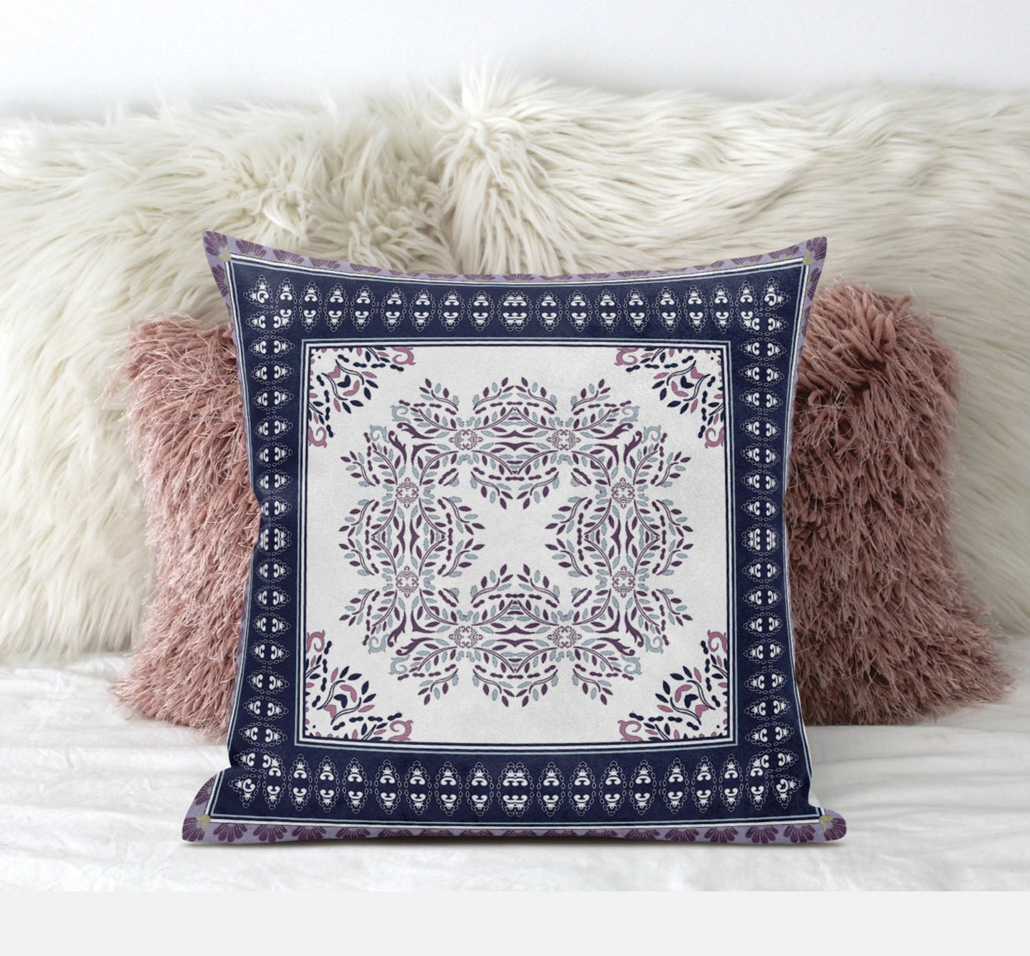 16" X 16" Cream And Blue Zippered Geometric Indoor Outdoor Throw Pillow