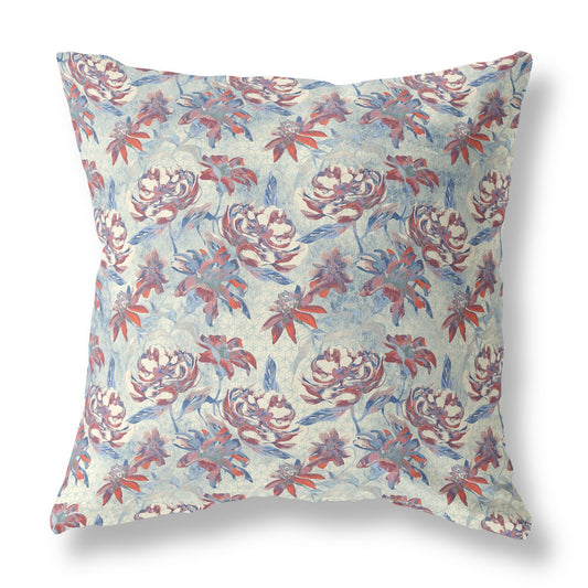 16” Red Blue Roses Indoor Outdoor Throw Pillow