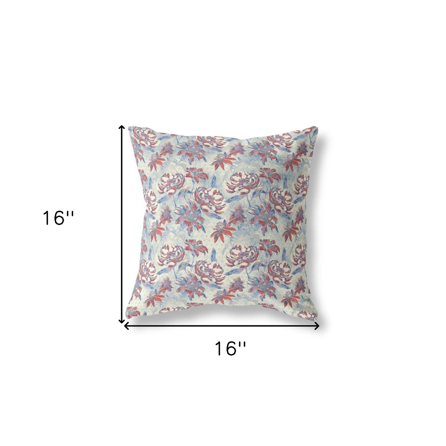 16” Red Blue Roses Indoor Outdoor Throw Pillow