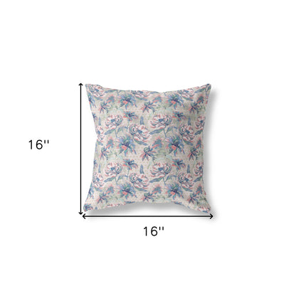 16” Blue Pink Roses Indoor Outdoor Throw Pillow