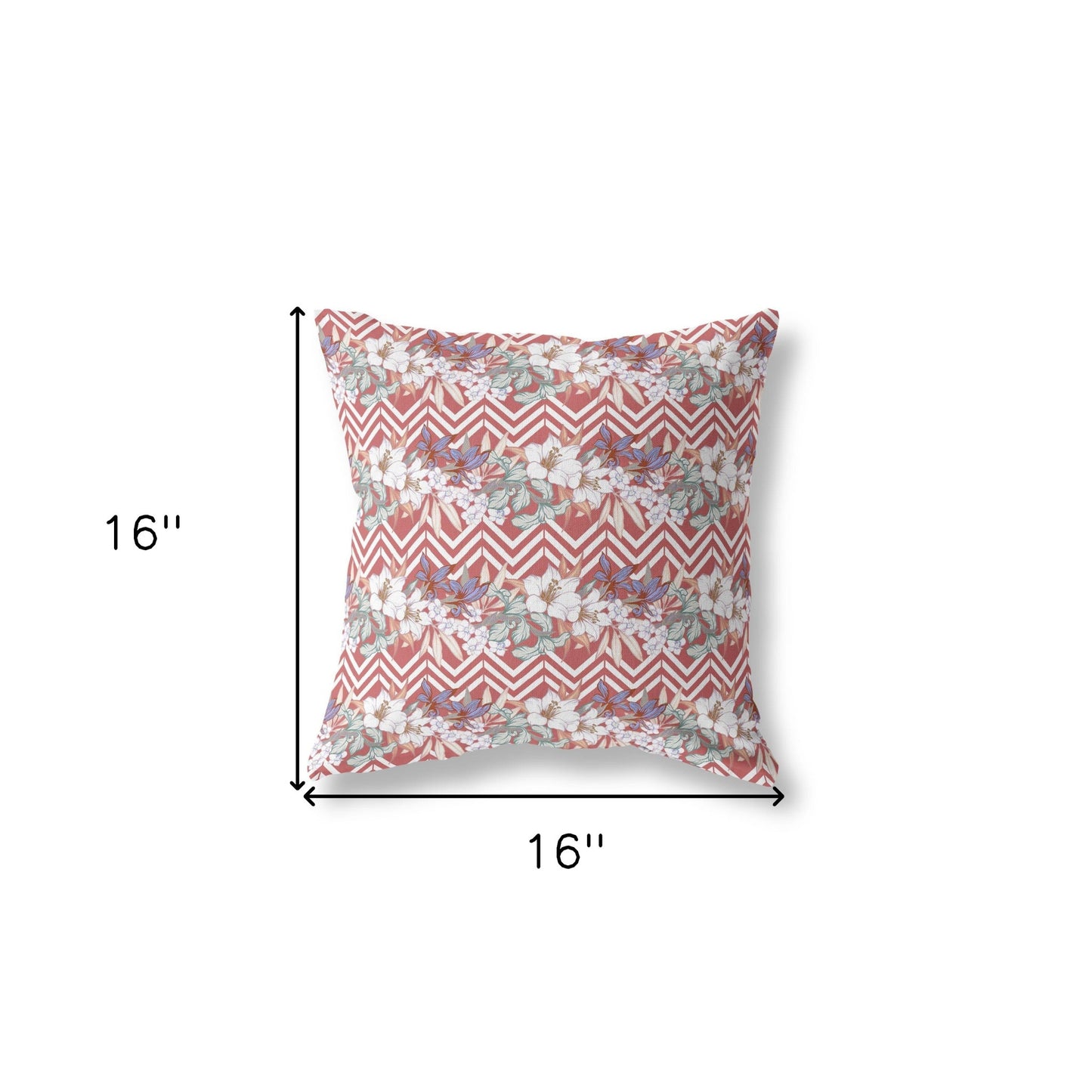 16" X 16" Red And White Blown Seam Floral Indoor Outdoor Throw Pillow