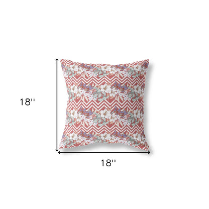 18" X 18" Red And White Blown Seam Floral Indoor Outdoor Throw Pillow