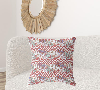 18" X 18" Red And White Blown Seam Floral Indoor Outdoor Throw Pillow