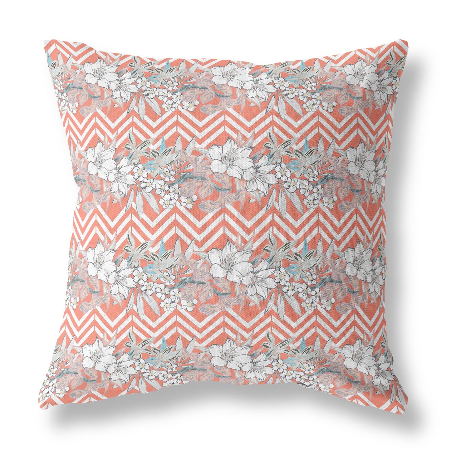 16" X 16" Peach And Peach Blown Seam Floral Indoor Outdoor Throw Pillow