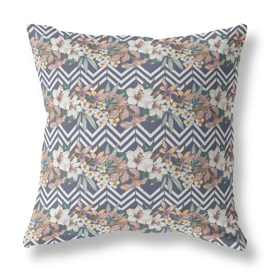 16" X 16" Navy Blue And Orange Blown Seam Floral Indoor Outdoor Throw Pillow