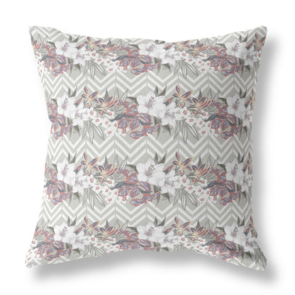 16" X 16" Grey And Pink Blown Seam Floral Indoor Outdoor Throw Pillow