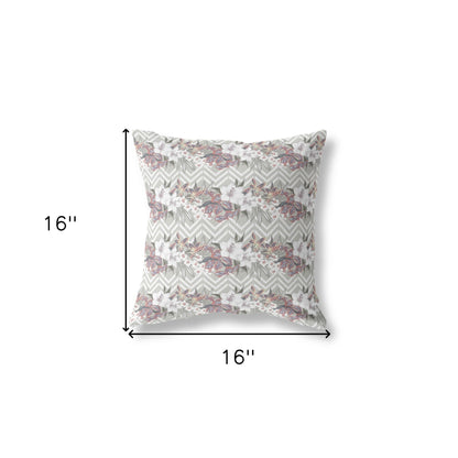 16" X 16" Grey And Pink Blown Seam Floral Indoor Outdoor Throw Pillow