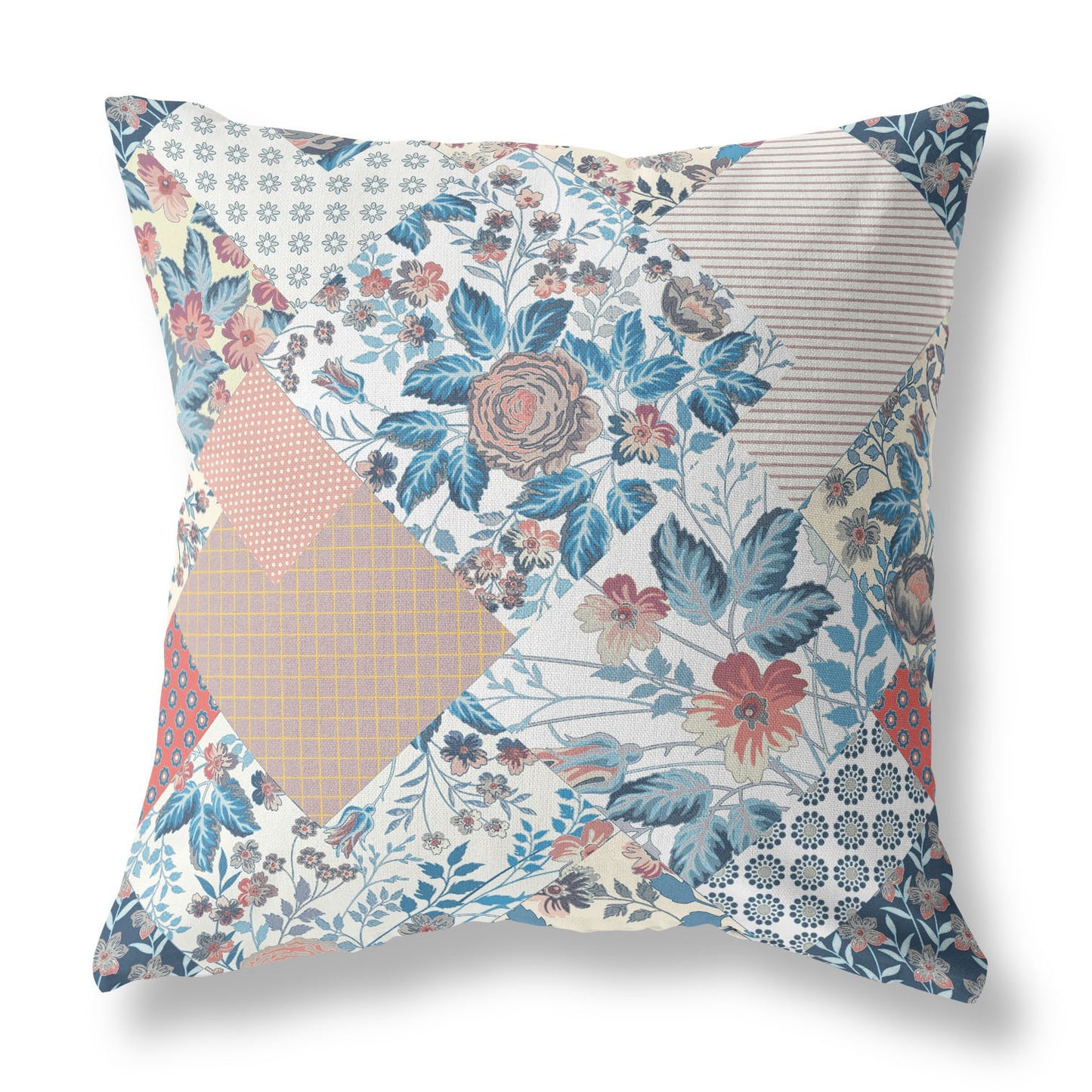 16" White Blue Floral Indoor Outdoor Throw Pillow