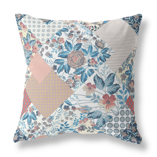 18" White Blue Floral Indoor Outdoor Throw Pillow