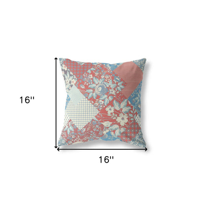 16" Red Blue Boho Floral Indoor Outdoor Throw Pillow