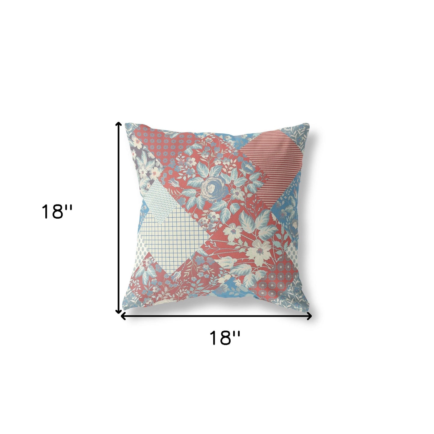 18" Red Blue Boho Floral Indoor Outdoor Throw Pillow