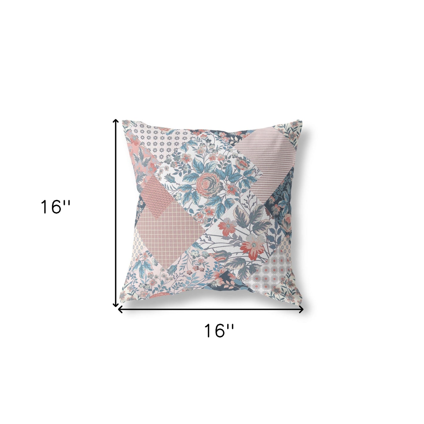 16" Pink Blue Boho Floral Indoor Outdoor Throw Pillow