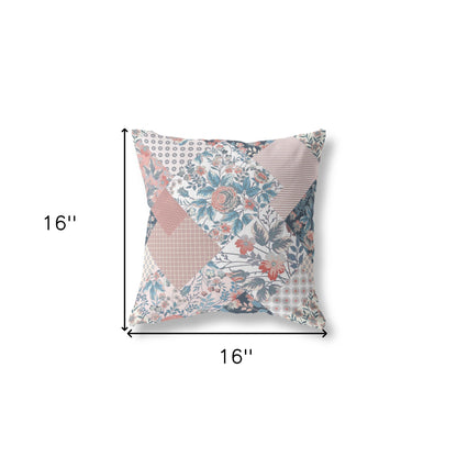 16" Pink Blue Boho Floral Indoor Outdoor Throw Pillow