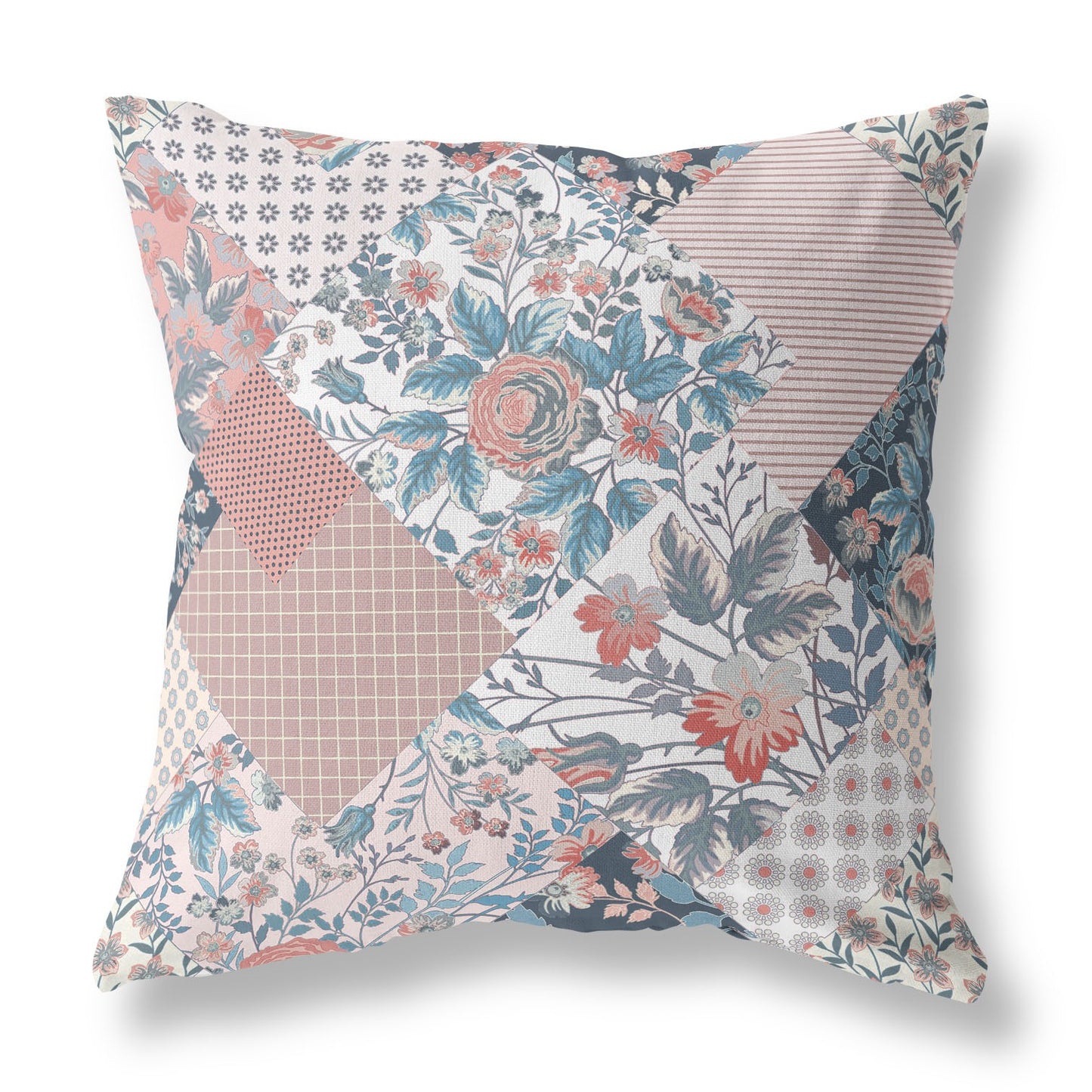 18" Pink Blue Boho Floral Indoor Outdoor Throw Pillow