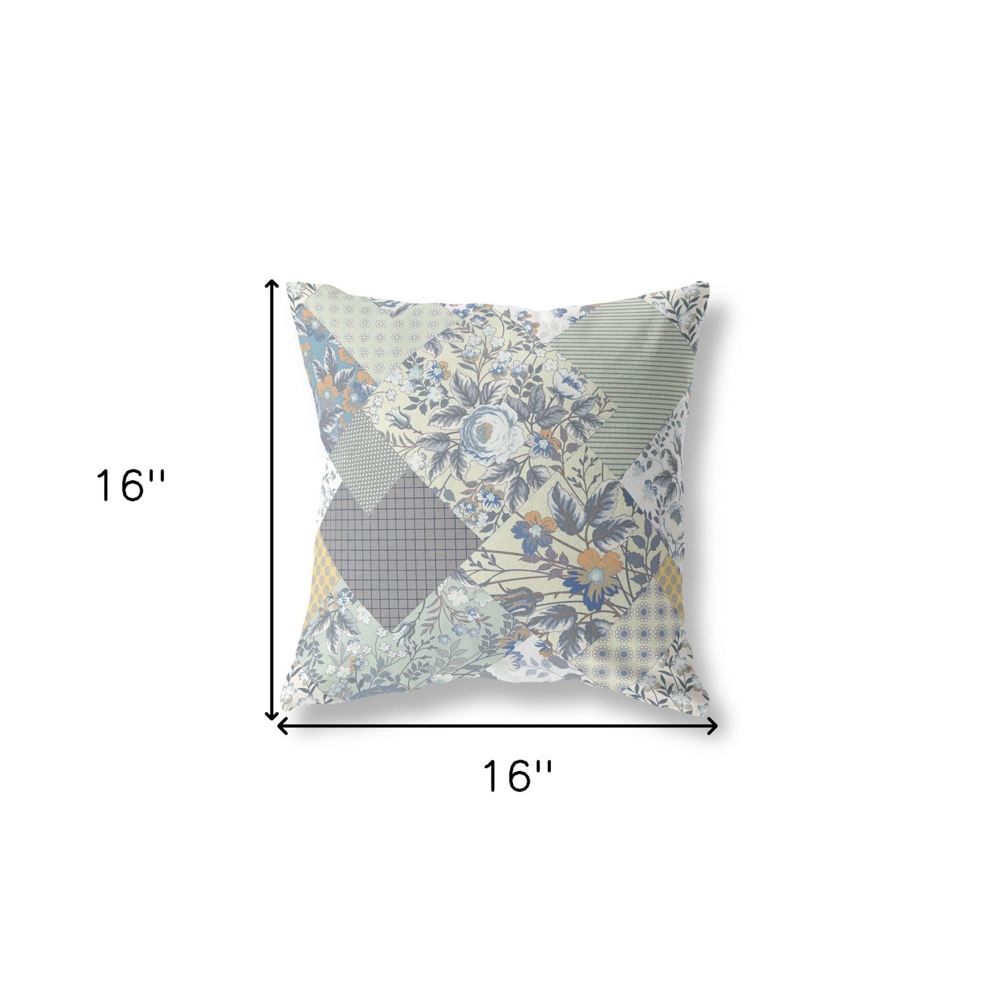 16" Gray Cream Boho Floral Indoor Outdoor Throw Pillow