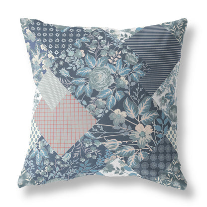 16" Blue White Boho Floral Indoor Outdoor Throw Pillow