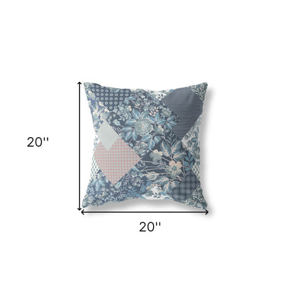 18" Blue White Boho Floral Indoor Outdoor Throw Pillow