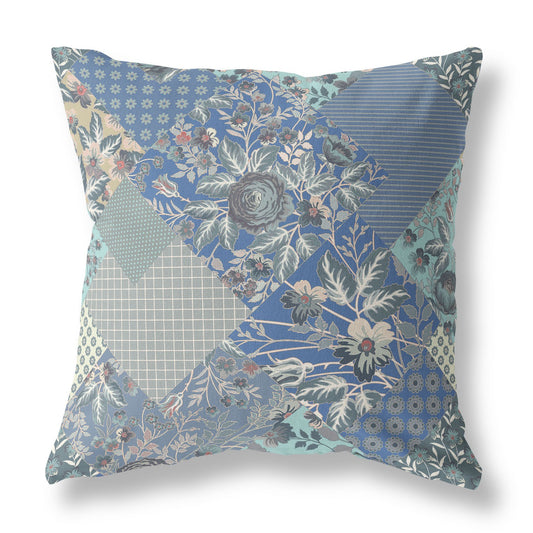 16" Gray Blue Boho Floral Indoor Outdoor Throw Pillow