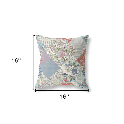 16" Red White Boho Floral Indoor Outdoor Throw Pillow