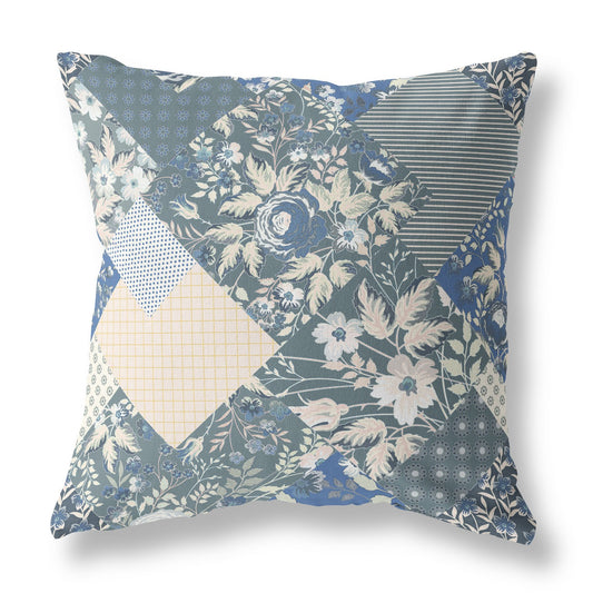 16" Gray Blue Boho Floral Indoor Outdoor Throw Pillow