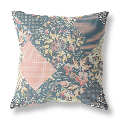 16" Green Peach Boho Floral Indoor Outdoor Throw Pillow