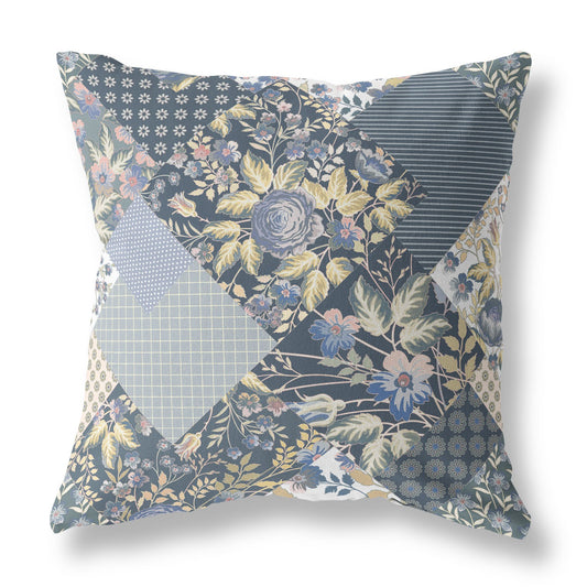 16" Blue Yellow Boho Floral Indoor Outdoor Throw Pillow