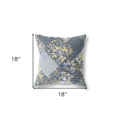 18" Blue Yellow Boho Floral Indoor Outdoor Throw Pillow