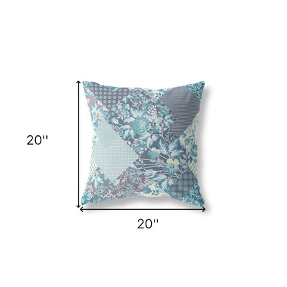 18" Aqua Navy Boho Floral Indoor Outdoor Throw Pillow