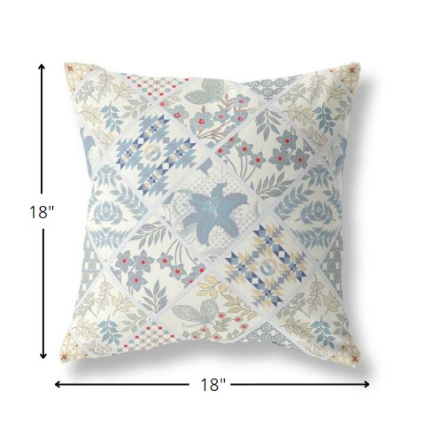 18” White Blue Patch Indoor Outdoor Throw Pillow