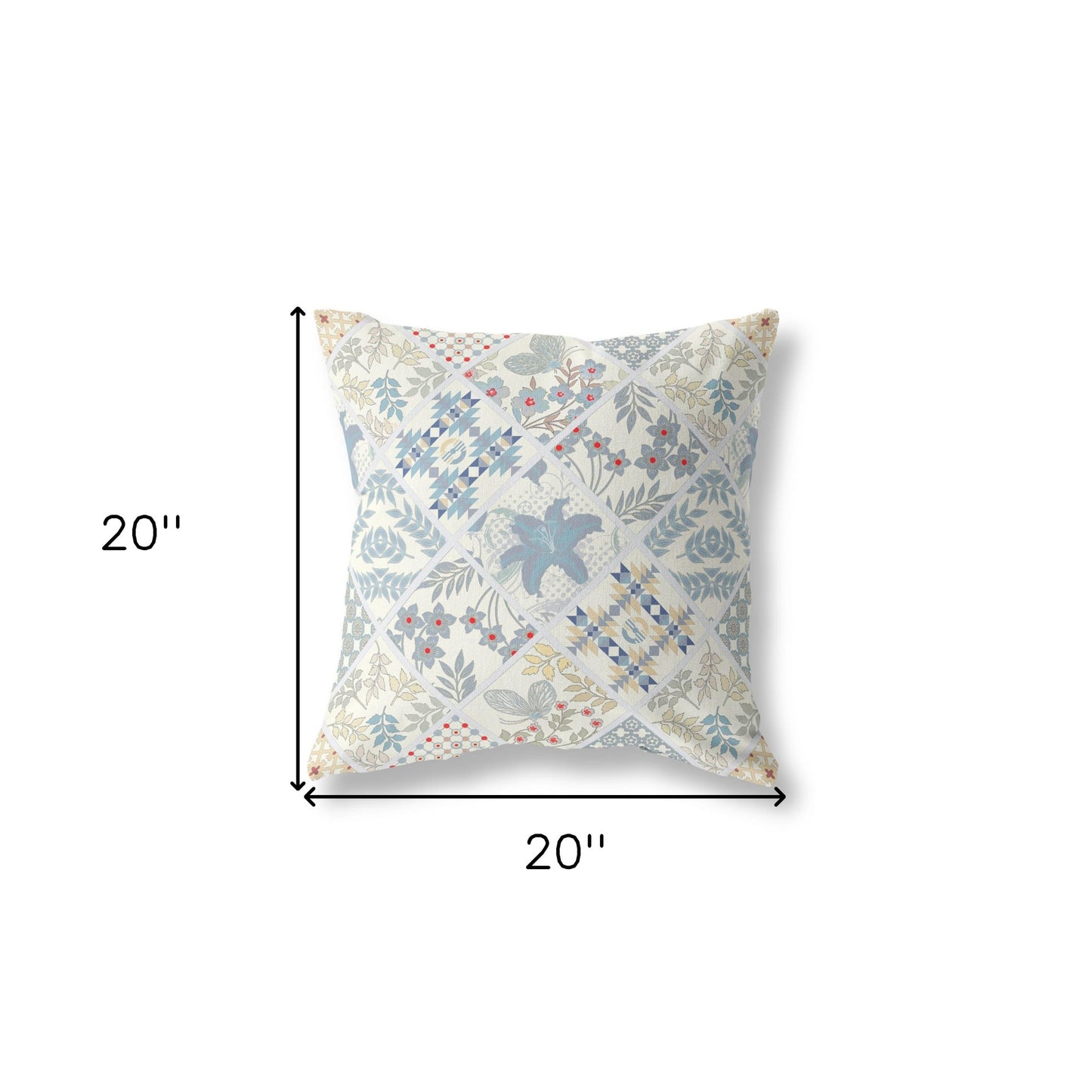 18” White Blue Patch Indoor Outdoor Throw Pillow