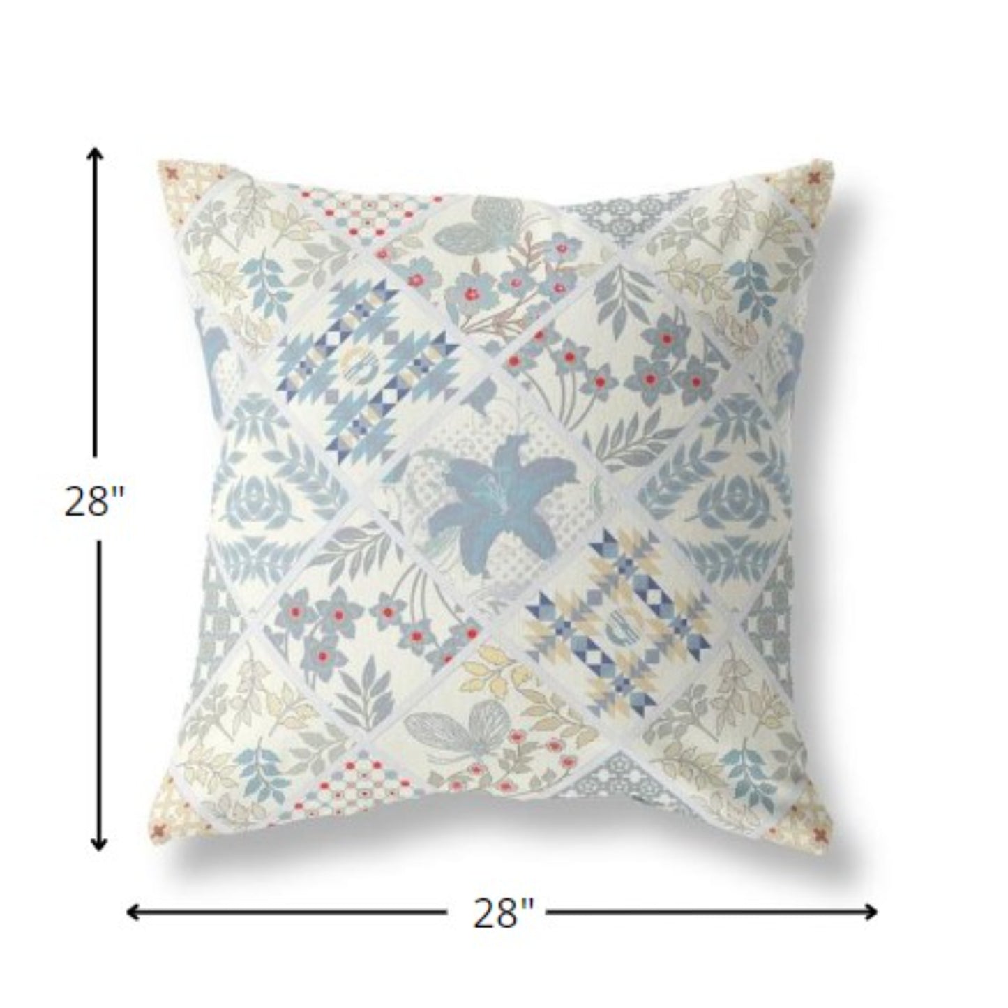 18” White Blue Patch Indoor Outdoor Throw Pillow