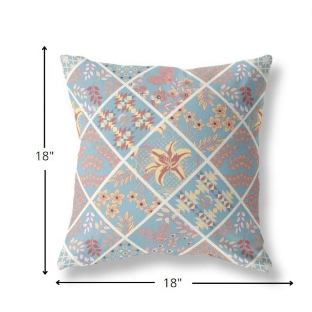 18” Blue Yellow Patch Indoor Outdoor Throw Pillow