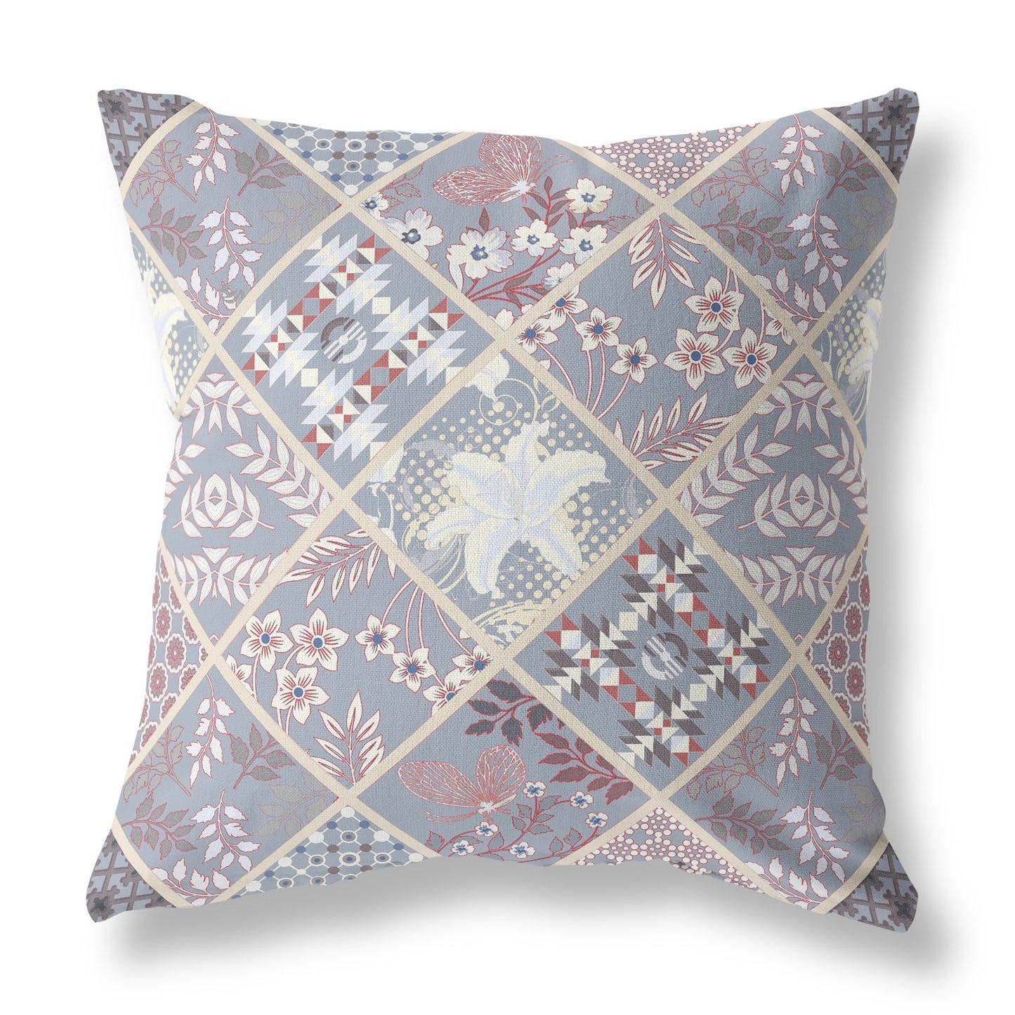 18” Gray Pink Patch Indoor Outdoor Throw Pillow